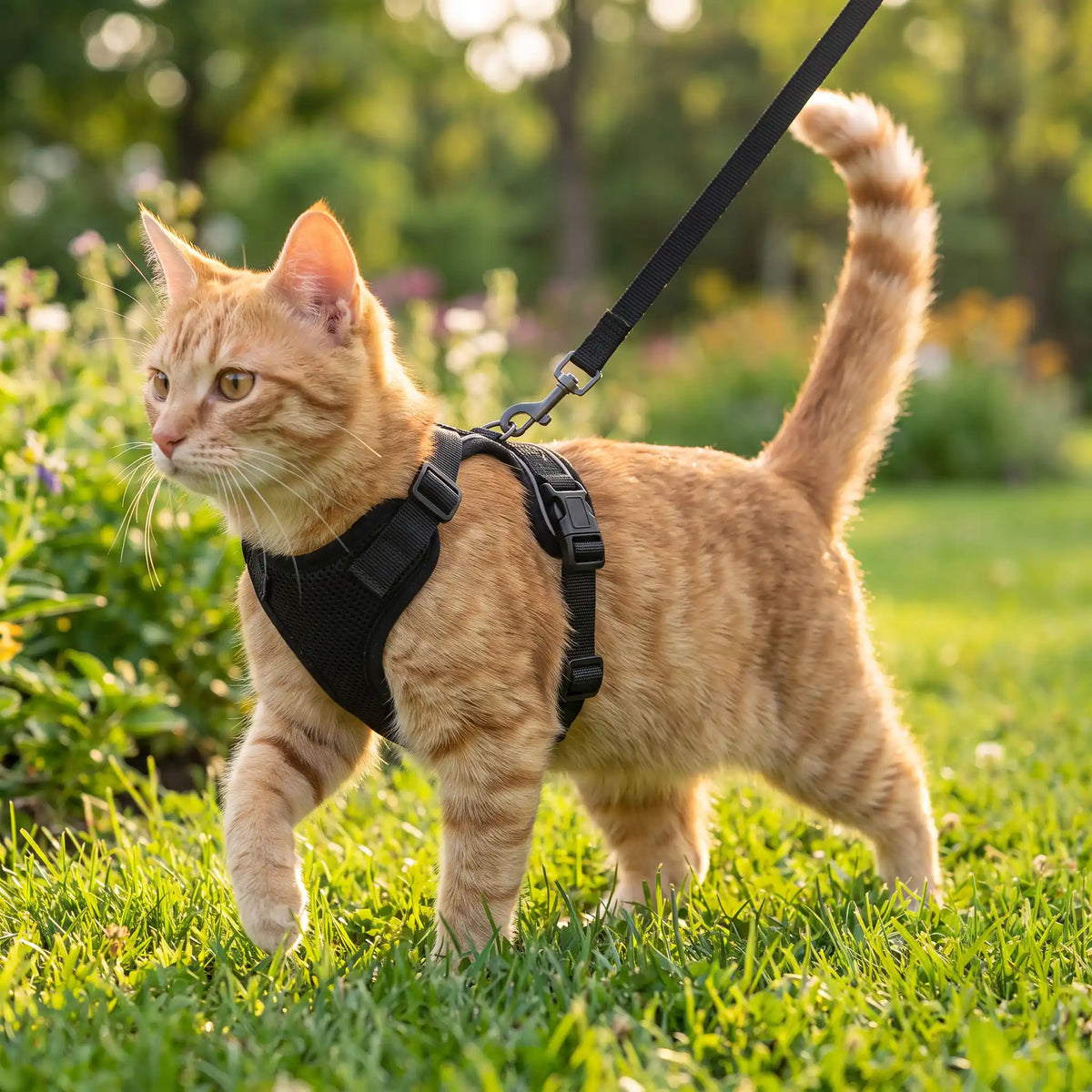 Harnais chat noir lors d'une promenade au parc