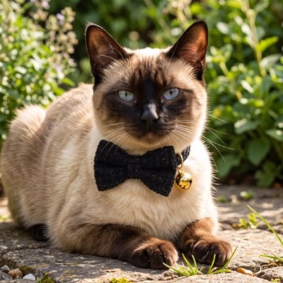 Collier Chat nœud papillon noir porté par un chat au jardin