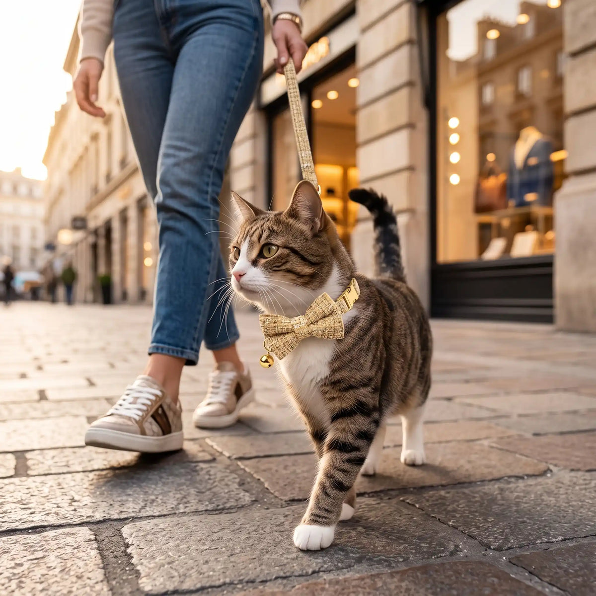 Collier Chat noeud papillon beige_porte par_un_chat en promenade