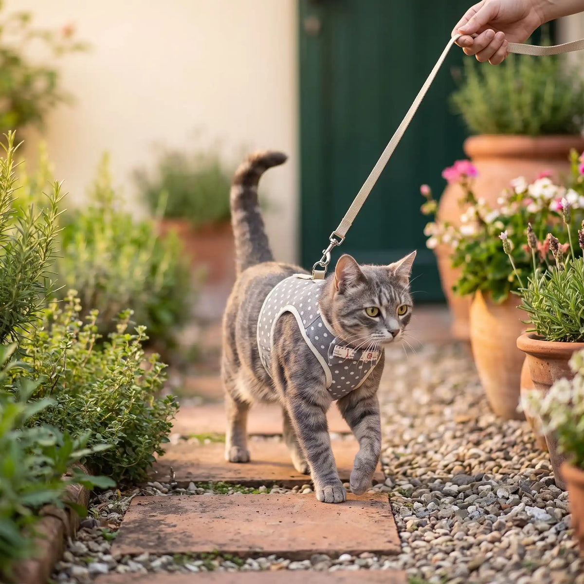 Harnais pour chat gris devant la maison