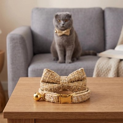 Collier Chat beige avec boucle dorée et grelot posé sur une table