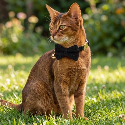 Collier Chat nœud papillon noir sur un chat assis dans l'herbe