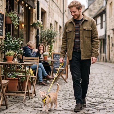 Harnais Chat jaune lors d'une promenade en ville sur pavés