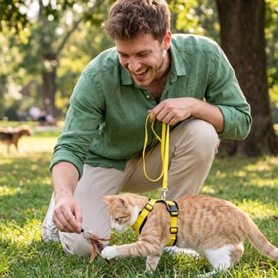 Harnais Chat jaune porté par un chat roux jouant dans un parc