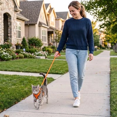 Harnais Chat orange lors d'une promenade en extérieur