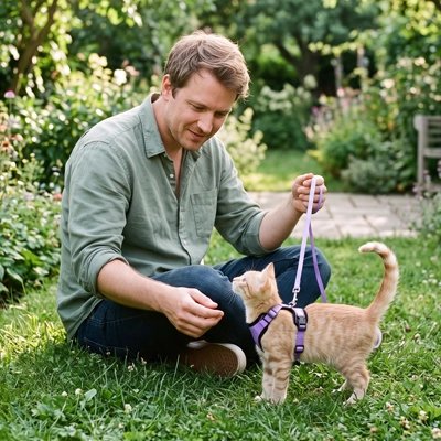 Harnais Chat violet sur un chaton roux en promenade au jardin