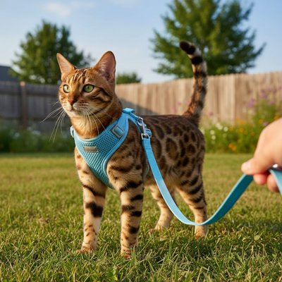 Harnais pour Chat bleu au jardin