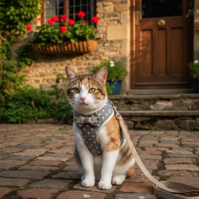 Harnais pour chat gris devant la maison