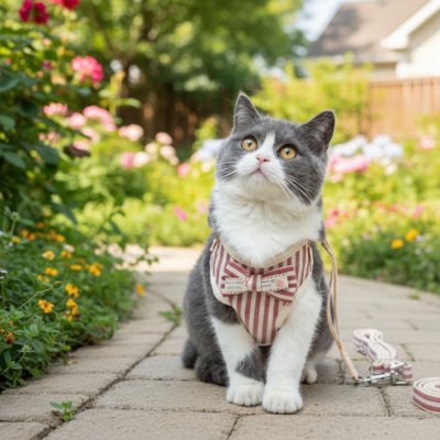 Harnais pour chat rose au jardin